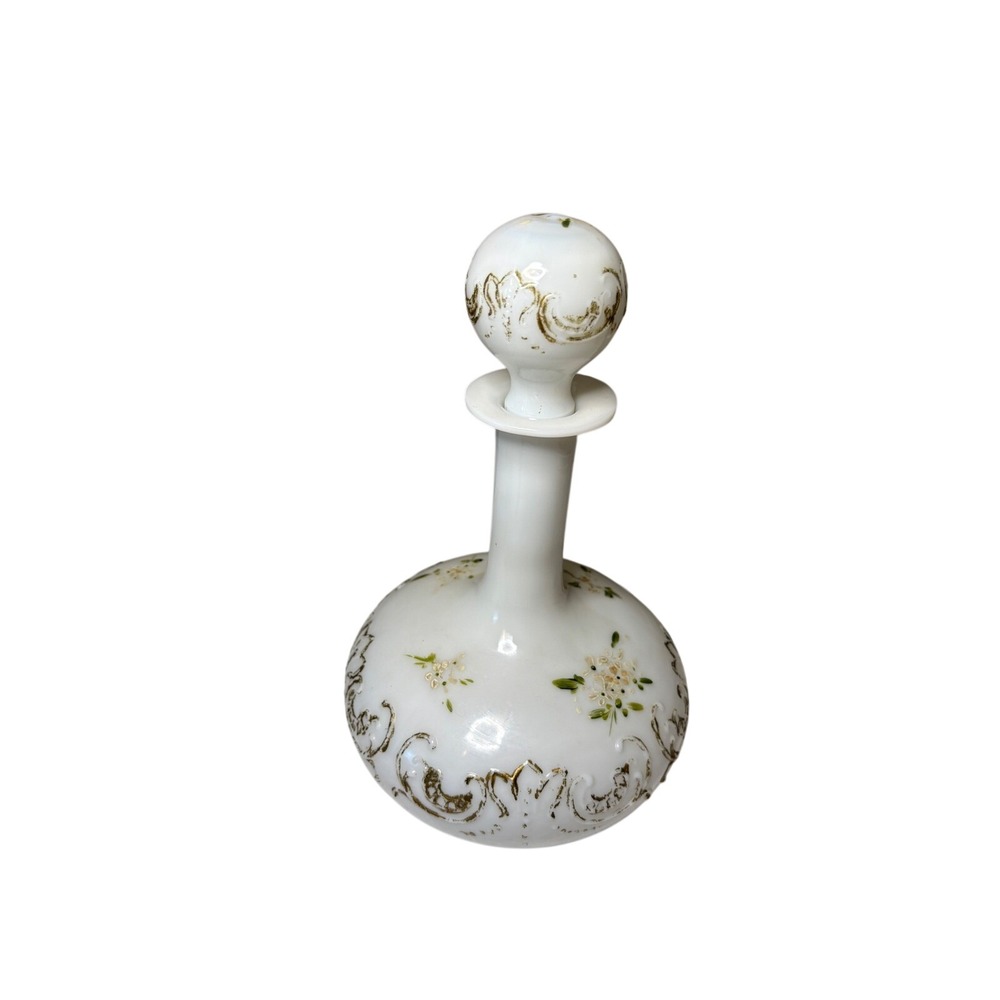 Victorian Milk Glass Dresser Bottle Stopper Hand-Painted Scroll Floral Antique
